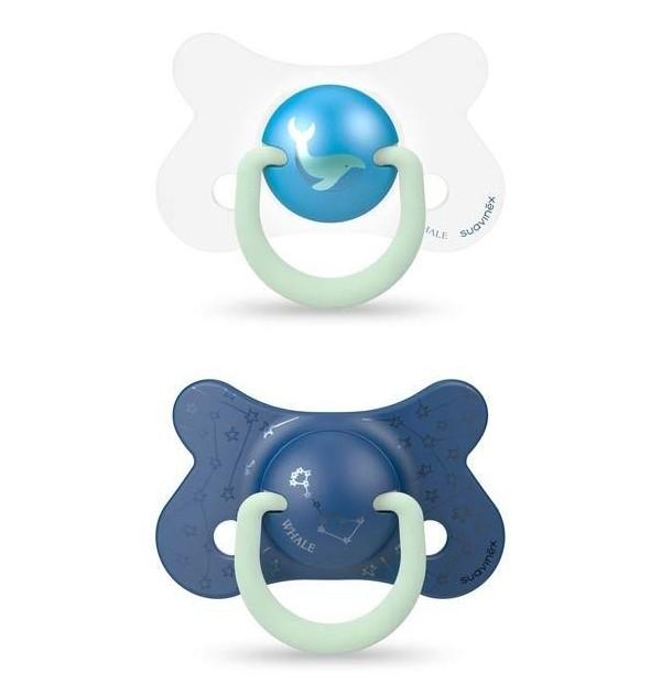 Suavinex - Basic - night & day soother - sili. - reversible 4/18m - whale bl duo